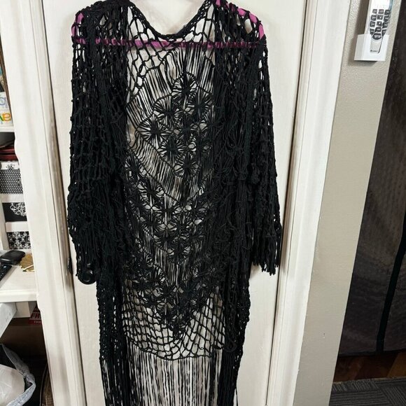LAMARQUE Black Macramé Fringe Duster | Boho Open-Knit Long Cardigan | Size S - Picture 7 of 7